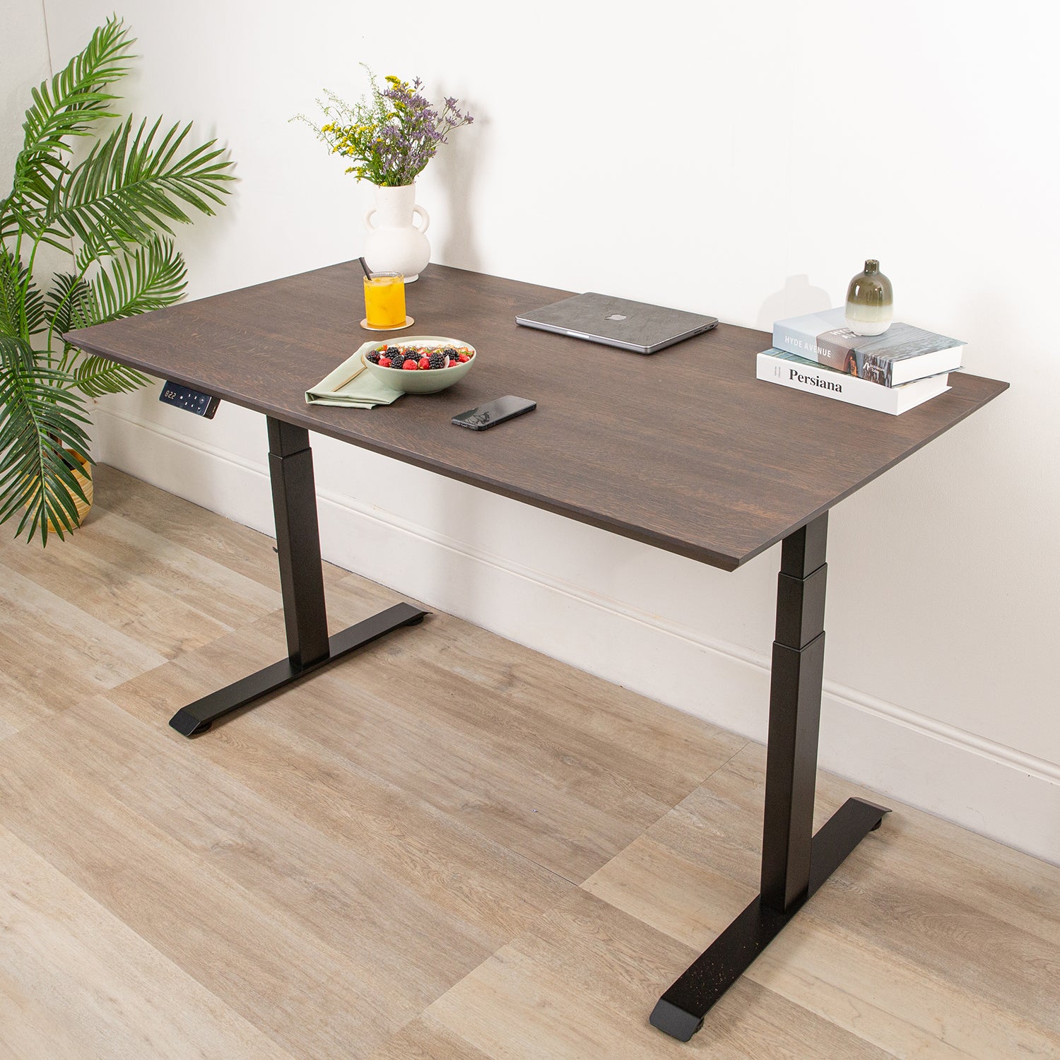 Premium Dual Motor Black Standing Desk with Premium Oak Solid Wood Desktop - Charcoal